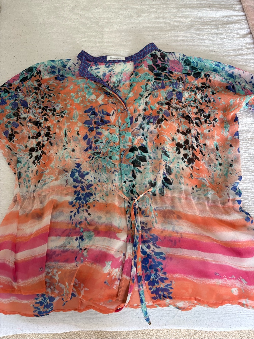 Calvin Klein Orange Multi Floral Tie-Front Blouse